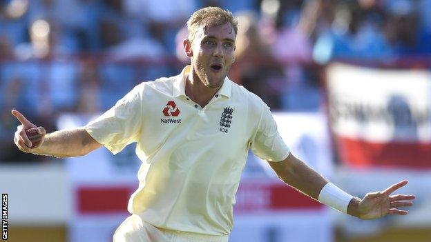 Stuart Broad celebrates taking a wicket for England against the West Indies