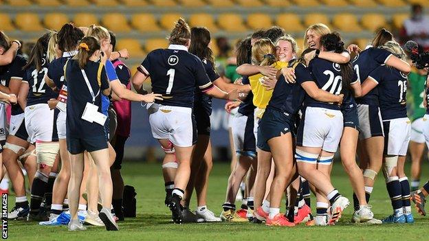 Scotland celebrate their dramatic 20-18 win over Ireland in their Rugby World Cup 2021 qualifier