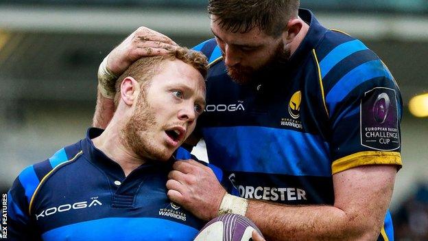 Worcester Scrum-Half Luke Baldwin celebrates with Lock Darren O'Shea after scoring Worcester's first try