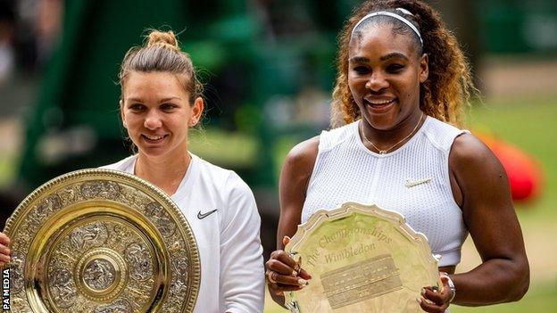 Serena Williams and Simona Halep pose with trophies after Wimbledon final