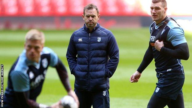 Danny Wilson watches Cardiff Blues players go through their paces in training