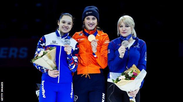 Sofia Prosvirnova of Russia, Suzanne Schulting of Netherlands and Elise Christie