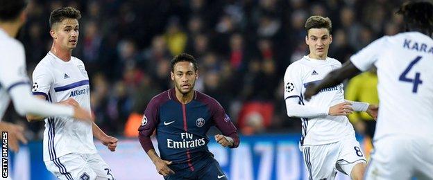 Neymar playing for PSG against Anderlecht