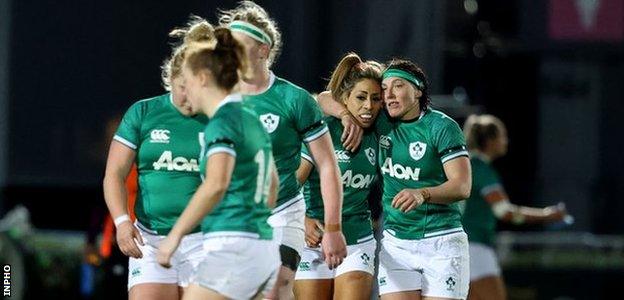 Lindsay Peat celebrates scoring Ireland's third try