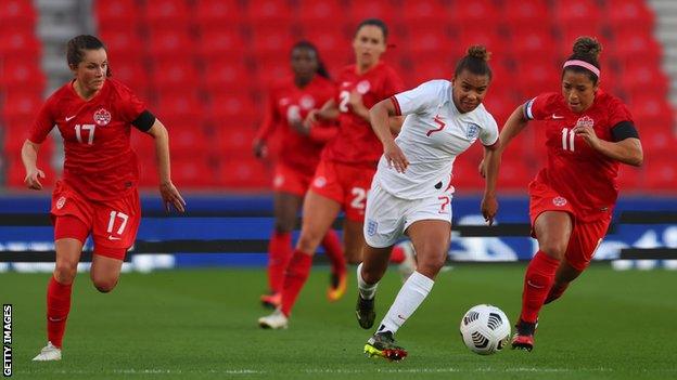 Nikita Parris of England in action with Jessie Fleming and Desiree Scott of Canada