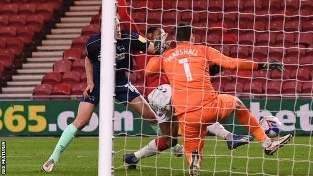 Britt Assombalonga scores for Middlesbrough against Derby County