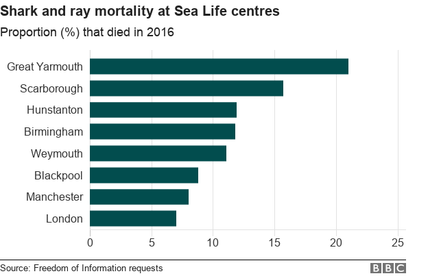 Chart showing shark and ray deaths at Sea Life centres in 2016