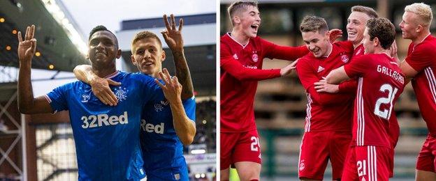 Rangers striker Alfredo Morelos celebrates his hat-trick (left) while Aberdeen hail Lewis Ferguson