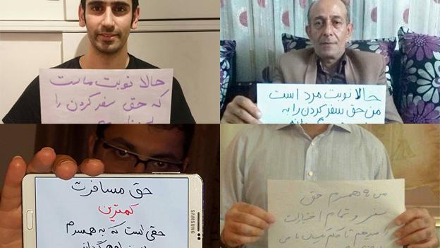 Several pictures of Iranian men declaring their support for their wives' equal rights