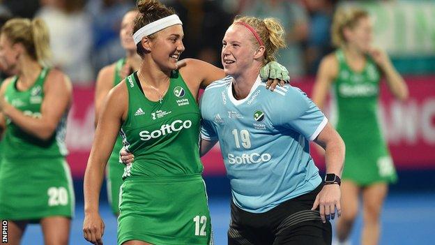 Ireland's Elena Tice and Ayeisha McFerran at the 2018 Hockey World Cup