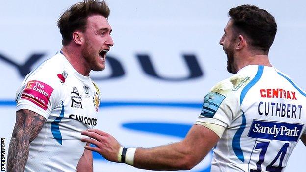 Stuart Hogg celebrates scoring for Exeter against Sale