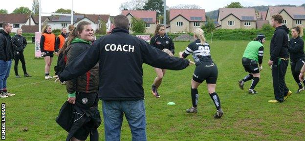 Gareth Waterfield (with his back to the camera) coaching at Winscombe Rugby Club