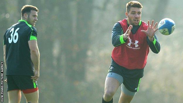 Gareth Davies and Rhys Webb at Wales training in March, 2015