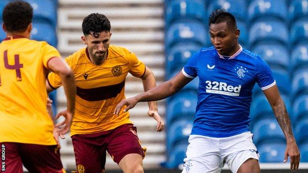 Alfredo Morelos (right) in action against Motherwell