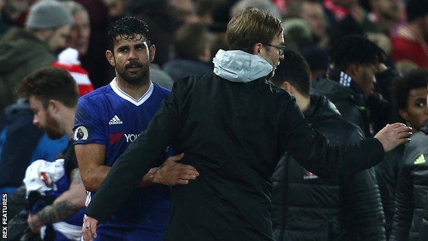 Chelsea striker Diego Costa with Liverpool manager Jurgen Klopp