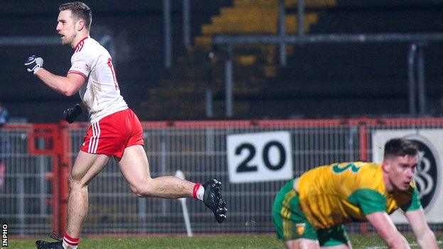 Niall Sludden celebrates his Tyrone goal on the stroke of half-time in the win over Donegal