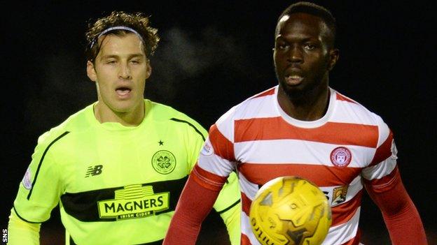 Hamilton Accies striker Oumar Diaby in action against Celtic