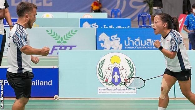 Para-badminton players Jack Shephard and Rachel Choong celebrate