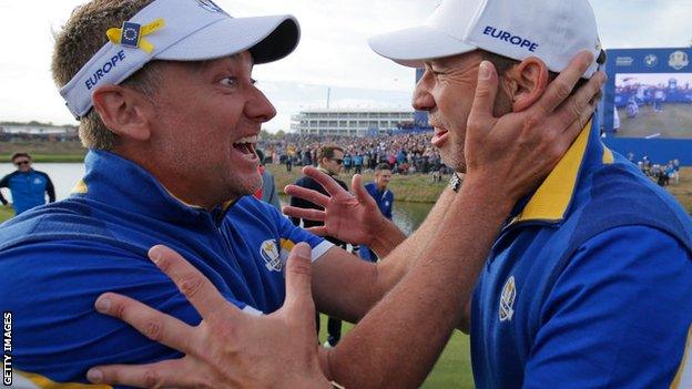 Ian Poulter and Sergio Garcia celebrate Europe's Ryder Cup victory over the United States in France in 2018