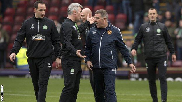 Mark McGhee interrupts the Celtic warm-up prior to the 4-3 thriller at Fir Park