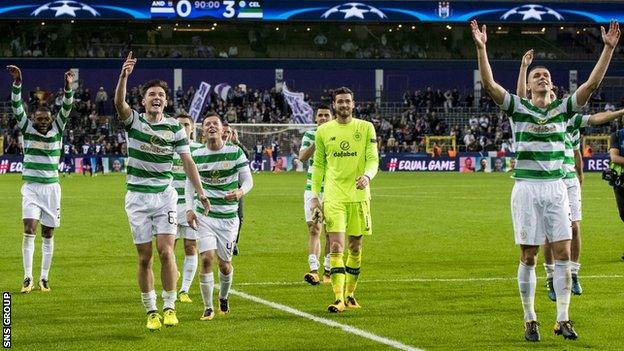 Celtic players celebrate their 3-0 win away to Anderlecht