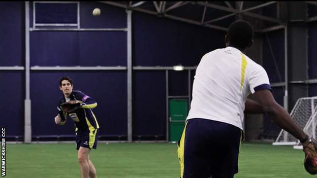 Warwickshire fast bowlers Chris Wright (left) and Keith Barker at West Bromwich Albion's training ground