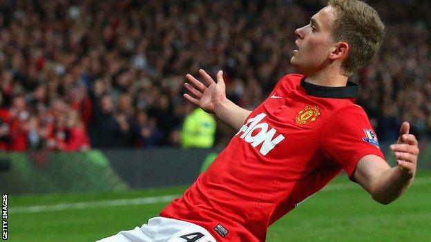 James Wilson celebrates scoring at Old Trafford