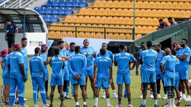 West Indies squad in a huddle during training