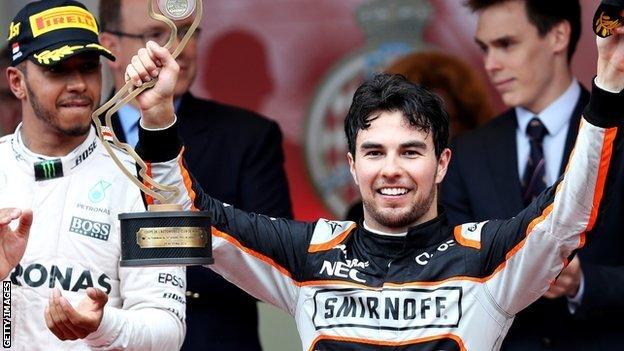 Sergio Perez celebrates his third-placed finish at the Monaco Grand Prix