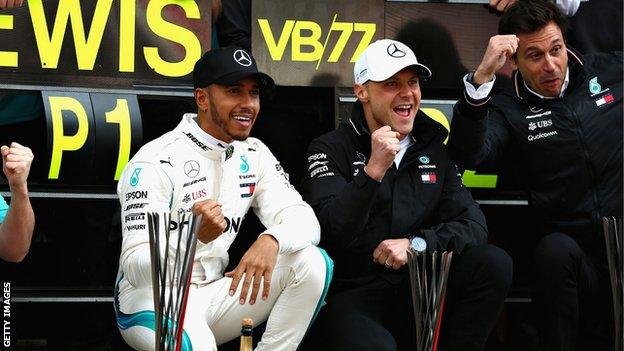 Lewis Hamilton, Valtteri Bottas and Toto Wolff