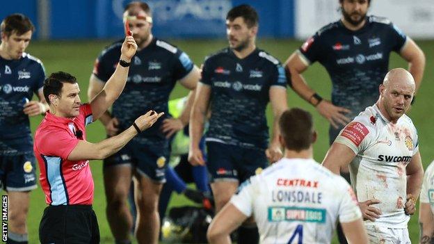 Exeter hooker Jack Yeandle (far right) is sent off by referee Karl Dickson