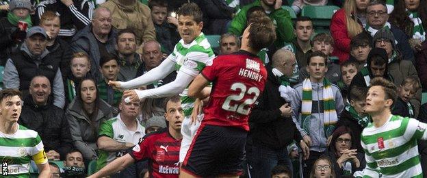 Christian Gamboa and Dundee's Jack Hendry come together in the box