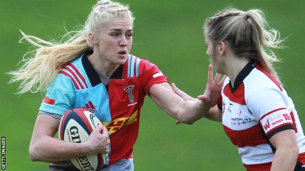 Holly Myers of Harlequins Ladies and Ffion Lewis of Gloucester-Hartpury in action