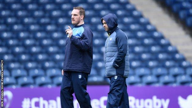 Gethin Jenkins of Cardiff Blues and head coach Danny Wilson