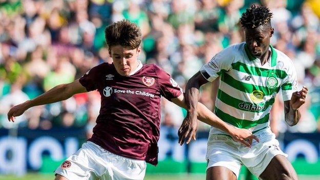 Aaron Hickey playing for Hearts against Celtic