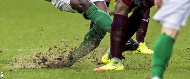 The Tynecastle pitch cut up badly during the Edinburgh derby on Sunday