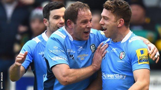 David Paice celebrates Alex Lewington's second try against Northampton