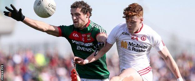 Mayo's Tom Parsons attempts to block a Conor Meyler shot