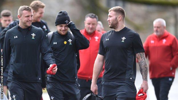 Ross Moriarty (front right) has been with Wales this week at their training base outside Cardiff