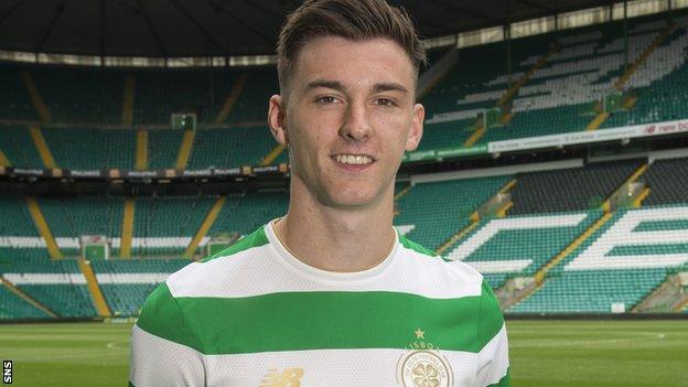 Kieran Tierney in Celtic's new strip which pays tribute to the Lisbon Lions