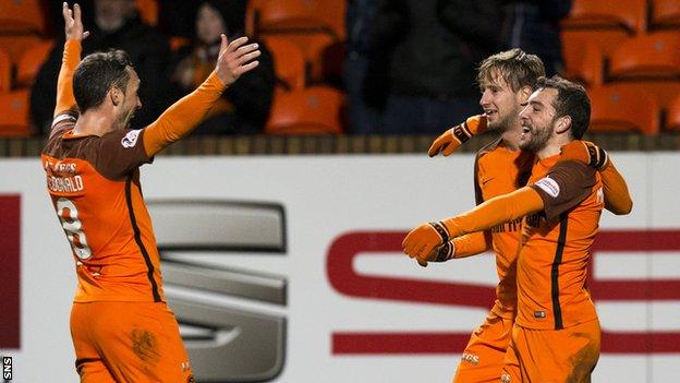 Paul McMullan celebrates after making it 3-0 Dundee Utd.