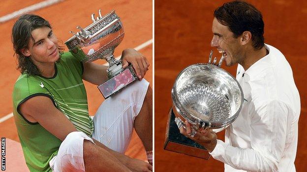 Rafael Nadal poses with the trophy after winning his first French Open in 2005 and again after his 13th title in 2020