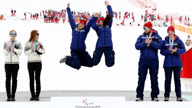 Fitzpatrick and Kehoe celebrating winning gold in the slalom at the 2018 Winter Paralympic Games.