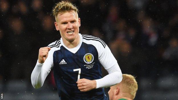 Matt Ritchie celebrates his winning goal for Scotland against Denmark in March