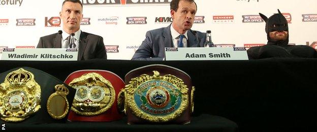 Tyson Fury dressed as Batman at his news conference with Wladimir Klitschko