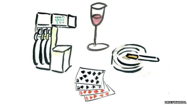 Drawing of petrol pumps, wine glass, playing cards and cigarette in ashtray