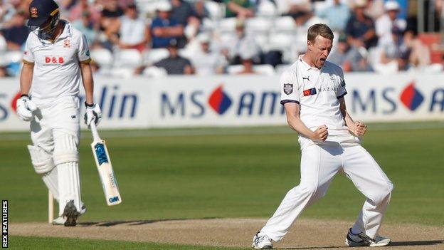 Yorkshire bowler Steven Patterson celebrates taking the wicket of Tom Westley