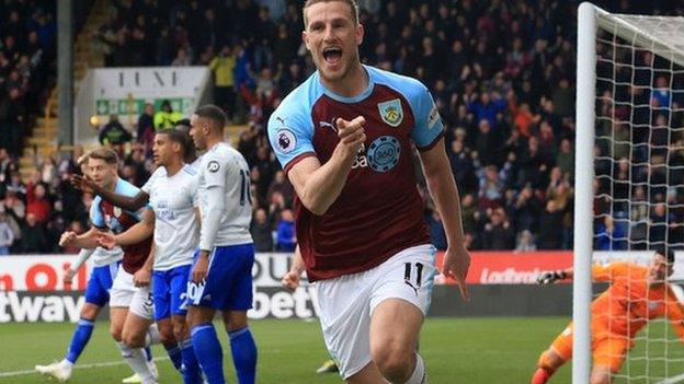 Chris Wood celebrates scoring for Burnley against Cardiff City