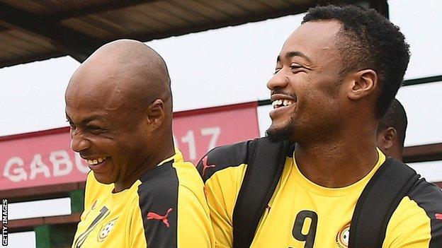 Andre Ayew (L) and his brother Jordan share a joke at Ghana training in January, 2017