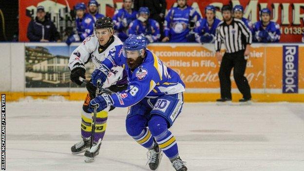 Flyers' Danick Gauthier tussles with Manchester's Scott Pitt during Saturday's game in Kirkcaldy